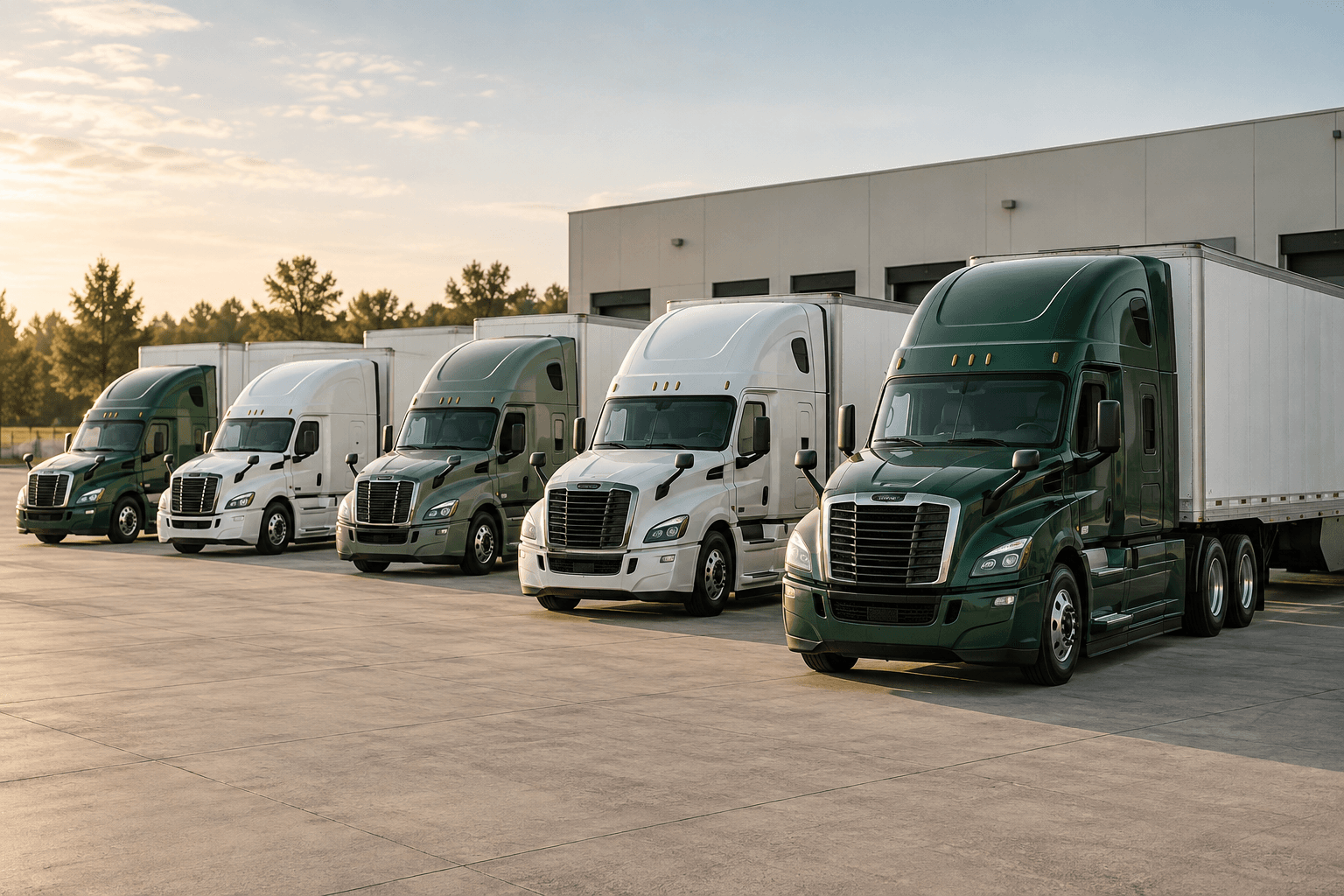 Five green and white semi trucks parked at a trucking company’s freight depot